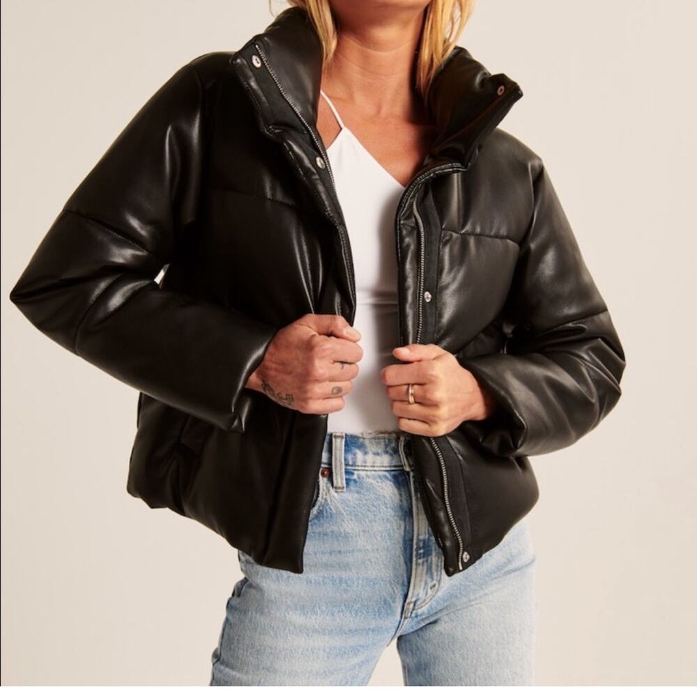 Abercrombie & Fitch Vegan Leather Mini Puffer Jacket Black Chic Size XS